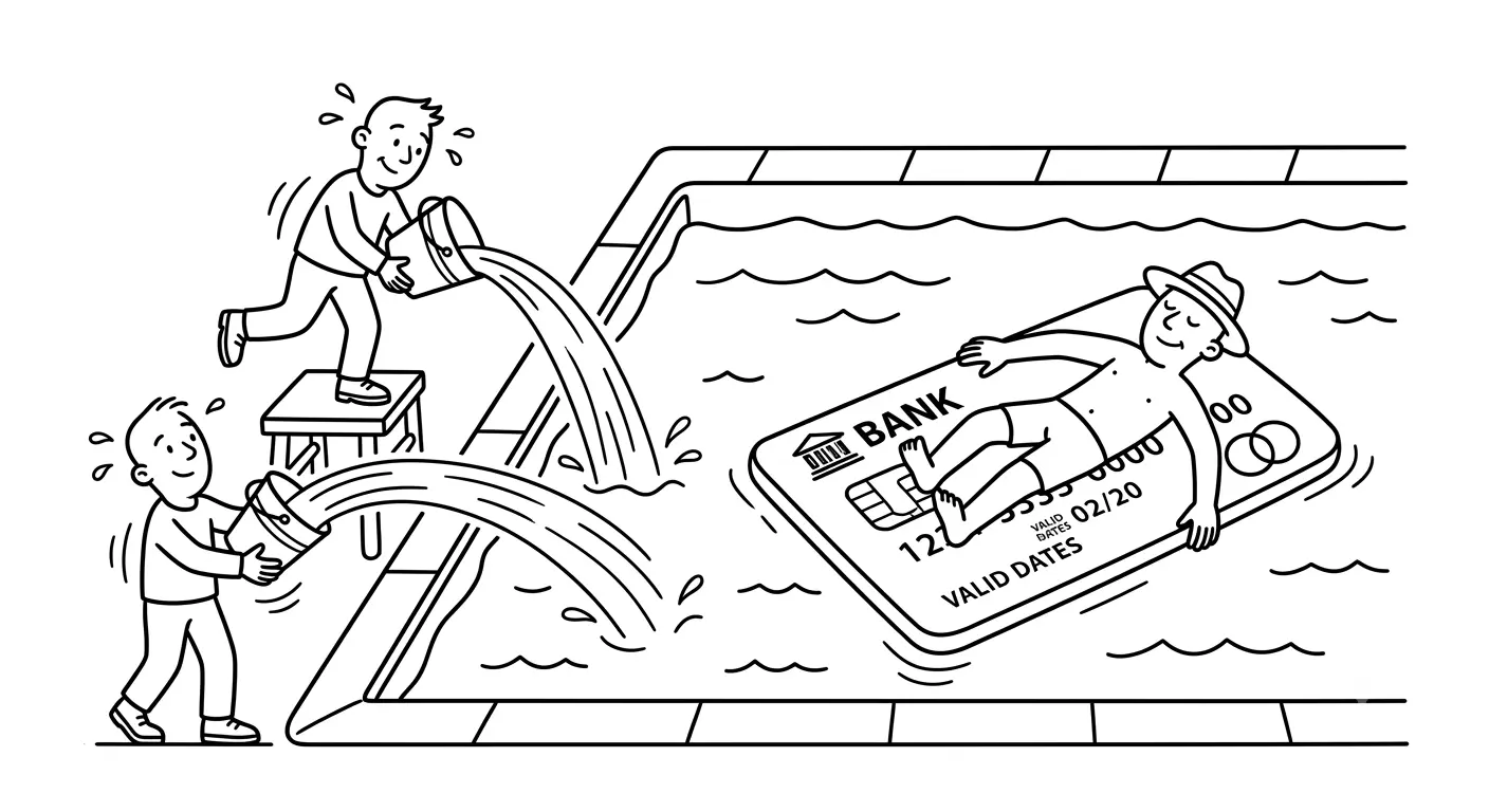 A corporate line art cartoon depicting two small figures pouring buckets of water into a large swimming pool where a relaxed man floats on an inflatable lounge shaped like a bank credit card.