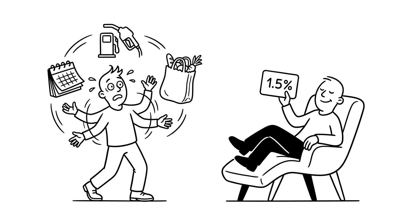 A high-contrast black and white cartoon showing a stressed character juggling a calendar, a gas pump, and a grocery bag next to a relaxed character lounging in a chair while holding up a card labeled "1.5%".