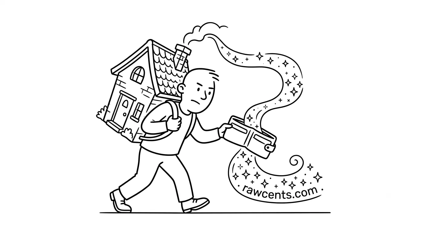 An editorial style line drawing of a character carrying a house on their back like a backpack as a stream of tiny stars flows from the chimney into an open wallet, featuring the text "rawcents.com".