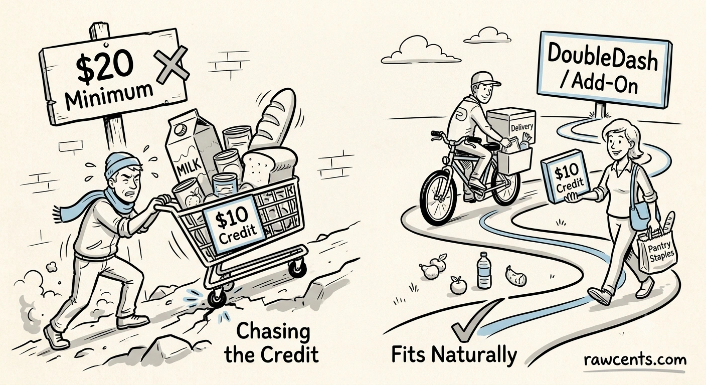 Comparison illustration of the best ways to use the Chase Sapphire Preferred DoorDash credit, including DoubleDash, DashMart, and grocery orders.