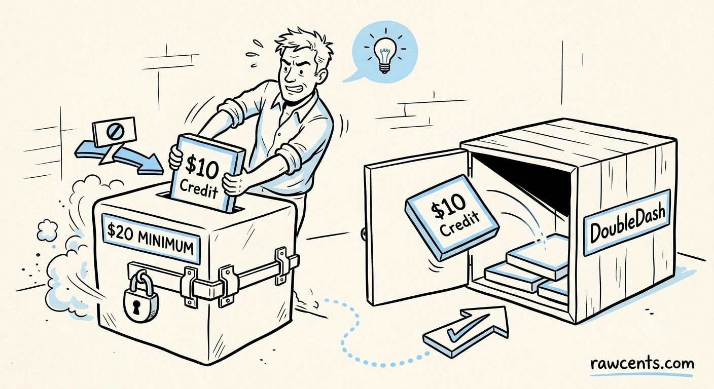 Line illustration explaining how DoubleDash helps cardholders use the Chase Sapphire Preferred DoorDash credit after the $20 minimum change.