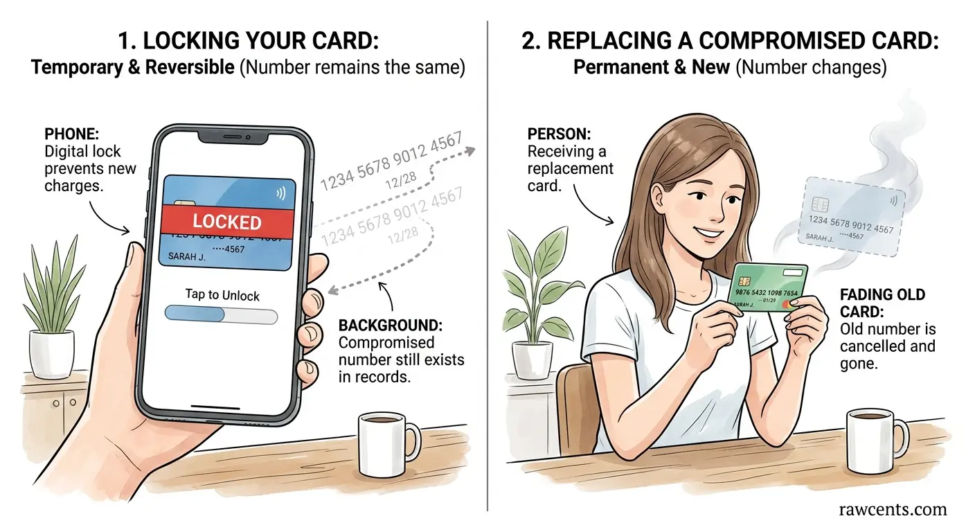 comparing locking a credit card with replacing it after fraud.